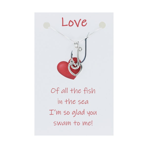 FISH HOOK with Heart Necklace - 925 Sterling Silver - On Gift Card with Love Quote Catch Fishing