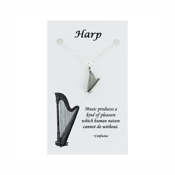 HARP Necklace - 925 Sterling Silver - on Gift Card with Inspirational Music Quote Strings Pedal