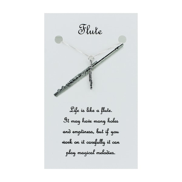 FLUTE Necklace - 925 Sterling Silver - on Gift Card with Inspirational Message Woodwind Orchestra Band Music Musical Instrument