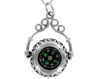 COMPASS PENDANT Necklace Sterling Silver: Victorian Style, Inspirational Gift
