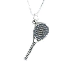 May include: A silver tennis racket pendant suspended from a fine chain. The racket has a detailed net and a textured handle. This pendant is a sports-themed accessory.