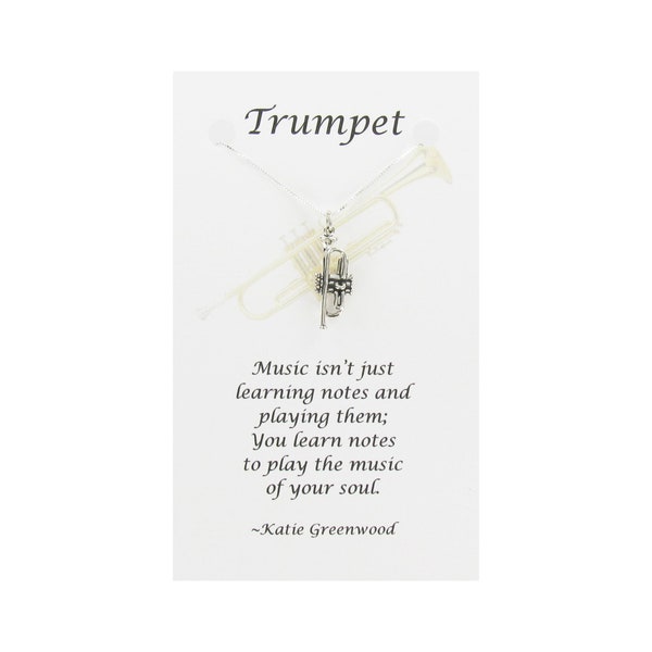 TRUMPET Necklace - 925 Sterling Silver - on Gift Card with Inspirational Music Quote Brass Instrument Band Orchestra