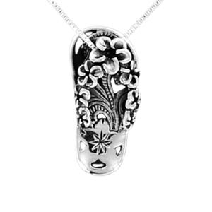 FLIP FLOP Necklace - 925 Sterling Silver on Colorful Beach Scene Gift Card - Sand Sunset Vacation Floral Design with Plumeria Straps