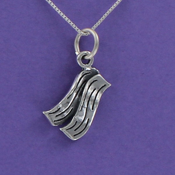 BACON Necklace - 925 Sterling Silver - on Gift Card with Cute Quote About Bacon Two Strips Heart Love Breakfast Pork