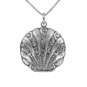 Collier médaillon coquillage - argent sterling 925 sur une carte-cadeau personnalisée avec message inspirant, palourde et coquille Saint-Jacques, photo deux photos
