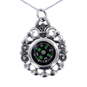 COMPASS Pendant - 925 Sterling Silver - Working Victorian Style Compass on Inspirational Gift Card Edging Real Working North South East West