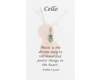 CELLO Necklace - 925 Sterling Silver - on Gift Card with Quote by Renowned Cellist Pablo Casals Musical Gift Student String Instrument