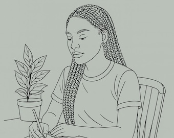 May include: An adult coloring book titled "In Her Own Time" with the subtitle "An Adult Coloring Book of Calm, Confidence & Presence." The cover illustration features a line drawing of a person writing at a table, with a potted plant nearby. The book is from Havenmark Studio Co.