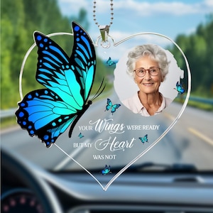 Your Wings Were Ready - Memorial Photo Car Ornament, Personalized Rear View Mirror Acrylic Charm, Loss of Loved One Remembrance Gift