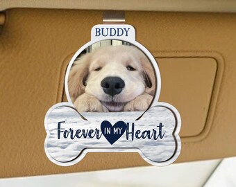 Forever In My Heart Pet Memorial – Personalized Wooden Photo Car Visor Clip, Custom Pet Loss Gift, Dog Cat Remembrance Car Charm