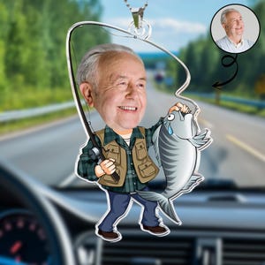 Decorazione fotografica personalizzata con cartone animato di un pescatore - Accessorio per specchietto retrovisore personalizzato, divertente regalo di pesca per papà, nonno, marito e fidanzato