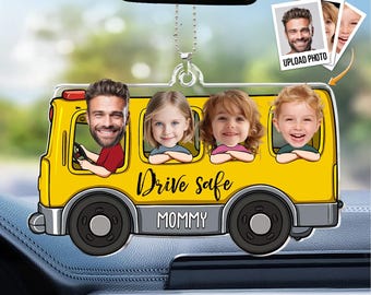 Drive Safe Mommy – Custom Photo Rear View Mirror Accessory, Personalized Car Charm for Mom, Cute Car Gift from Kids, Mother's Keepsake