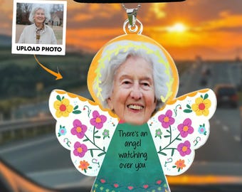 There's An Angel Watching Over You – Personalized Memorial Photo Rear View Mirror Accessory, Car Charm Keepsake, Remembrance Ornament