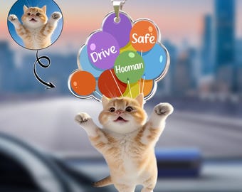 Drive Safe Hooman - Personalized Pet Photo Rear View Mirror Accessory, Funny Dog Cat Car Ornament, Custom Pet Lover Gift