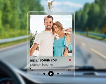 Custom Song Title Rear View Mirror Ornament – Personalized Photo Car Charm, Favorite Song Gift for Couple, Music Keepsake for Him Her