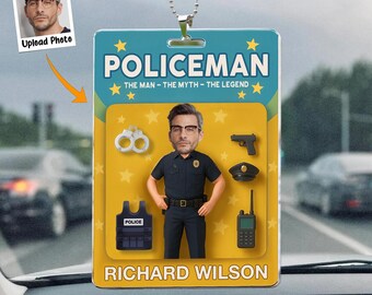 Policeman The Man The Myth The Legend – Personalized Photo Rear View Mirror Ornament, Custom Police Gift for Dad, Husband or Officer