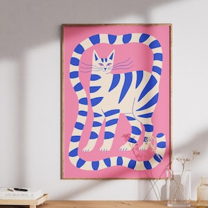 Colorful Cat Printable Wall Art on Pink Background – Modern Animal Illustration, Bright Pet Lover Decor, Instant Digital Download Poster