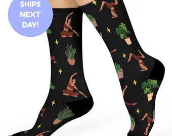 Yoga and Houseplants: Cushioned Crew Socks Designed For Comfort, Wellness Gift for Yoga & Pilates Lovers