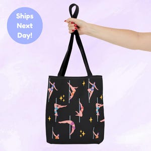 Bolso de mano para pole dance con estampado de trucos de bailarina / Elegante bolso para gimnasio y estudio para amantes del pole fitness. Tamaño: 13 x 13 pulgadas.