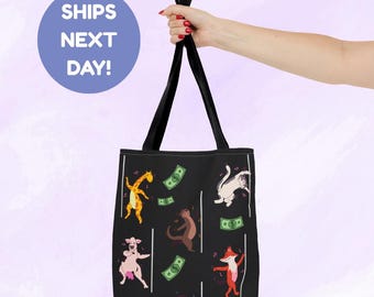 Pole Dance Tote Bag with Animals Pole Dancing Pattern | Funny and Whimsical Gym & Studio Bag for Pole Fitness Lovers Size 13 x 13