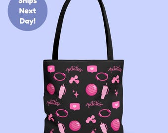Pilates Tote Bag - Black Tote with Pink Pilates Pattern, Gift for Pilates Lovers, Everyday Gym & Studio Bag