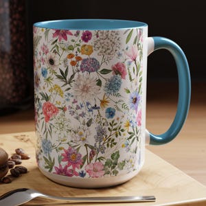 Wildflowers Accent Coffee Mug, Floral Ceramic Mug for Nature Lovers, Cottagecore Kitchen Tea Cup, Botanical Gift for Her, Garden Lover Mug