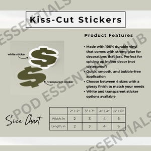 以下が含まれることがあります： ドル記号のデザインのキス型ステッカー。白と透明のオプションがあります。ステッカーは光沢のある仕上げの耐久性のあるビニール製です。利用可能なサイズは、5 cm x 5 cm、7.6 cm x 7.6 cm、10 cm x 10 cm、および15 cm x 15 cmです。