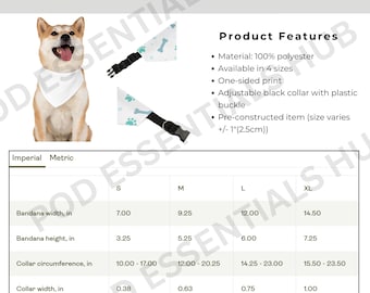 Pet Bandana Collar Mockup Size Chart & Product Features Instant Download PNG, Infographics Mockup, Print On Demand Guide