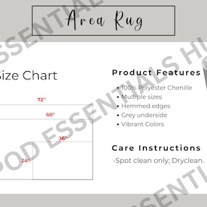 May include: An area rug graphic with a size chart showing dimensions in inches: 72", 60", 48", 36", and 24". Product features include 100% polyester chenille, multiple sizes, hemmed edges, a grey underside, and vibrant colors. Care instructions: spot clean only; dry clean.