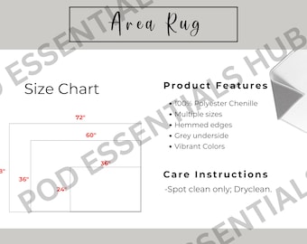 Flächenteppich Größentabelle & Produktmerkmale Sofortiger Download PNG, Flächenteppich Infografiken Mockup, Print-On-Demand-Handbuch