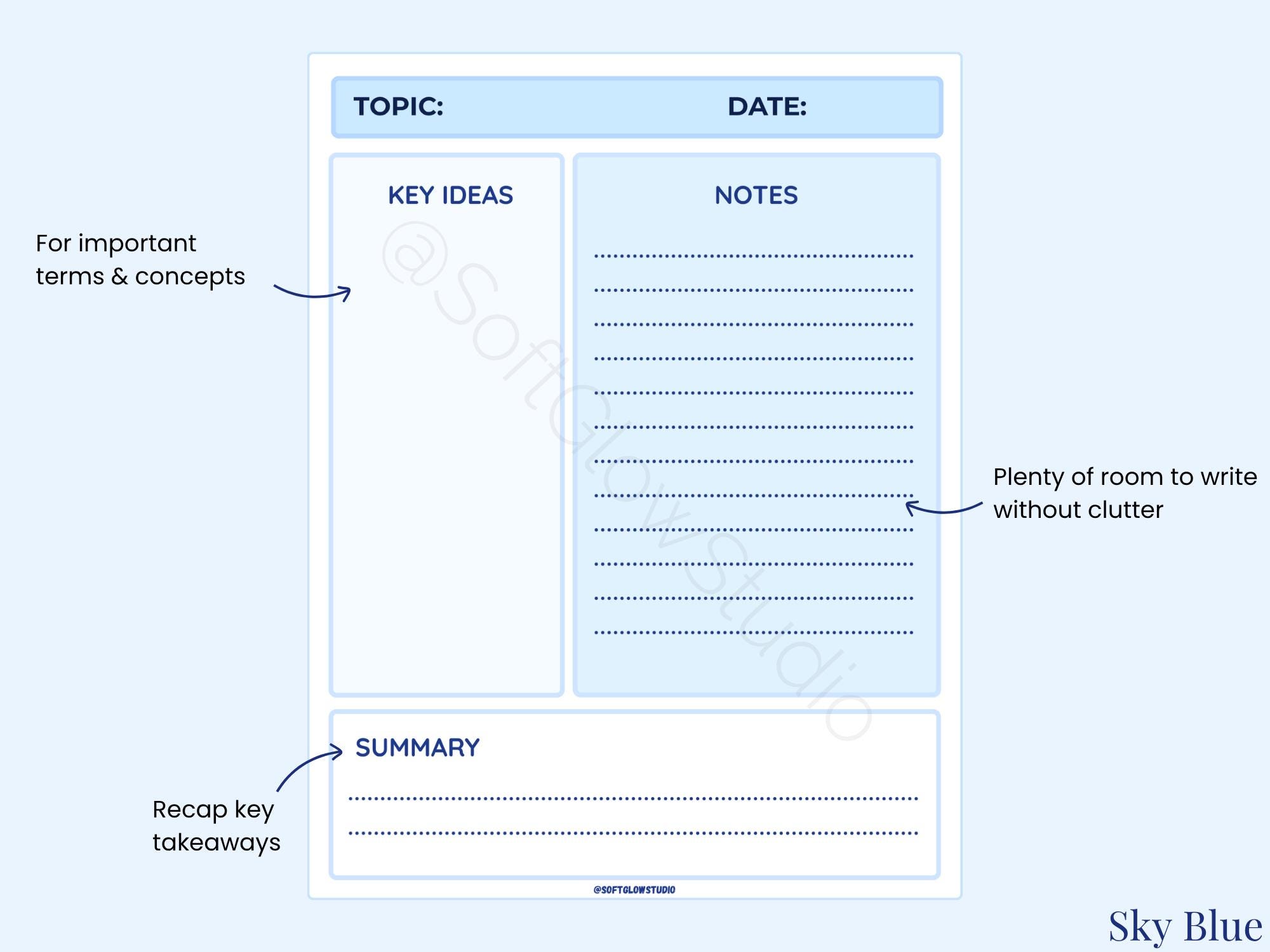 Sky Blue Cornell Notes Template: Printable PDF, Goodnotes & Notability ...