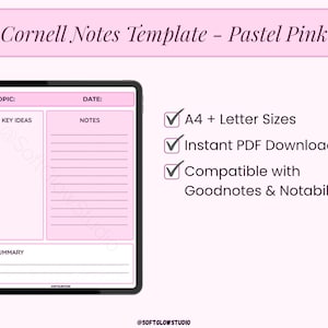 Peut inclure: Modèle numérique de notes Cornell rose pastel sur une tablette. Le modèle comprend des sections pour le sujet, la date, les idées clés, les notes et un résumé. Le texte indique les formats A4 et Lettre, téléchargement PDF instantané et compatibilité avec Goodnotes et Notability.