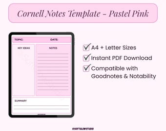 Pastel Pink Cornell Notes Template, Goodnotes & Notability Compatible (PDF)