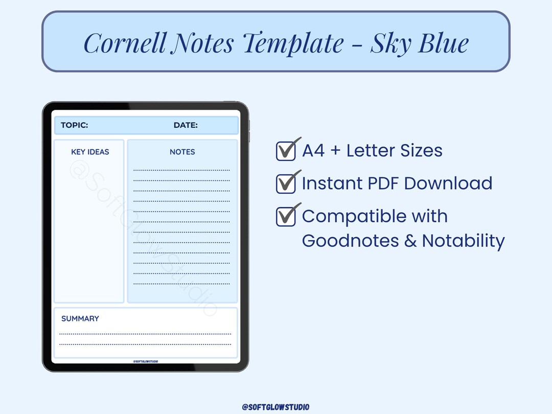 Sky Blue Cornell Notes Template: Printable PDF, Goodnotes & Notability ...