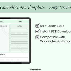 May include: A digital Cornell Notes template in sage green, shown on a tablet. The template has sections for topic, date, key ideas, notes, and summary. Features include A4 and Letter sizes, instant PDF download, and compatibility with Goodnotes and Notability.