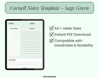Sage Green Cornell Notes Template: Printable PDF, Goodnotes & Notability Compatible