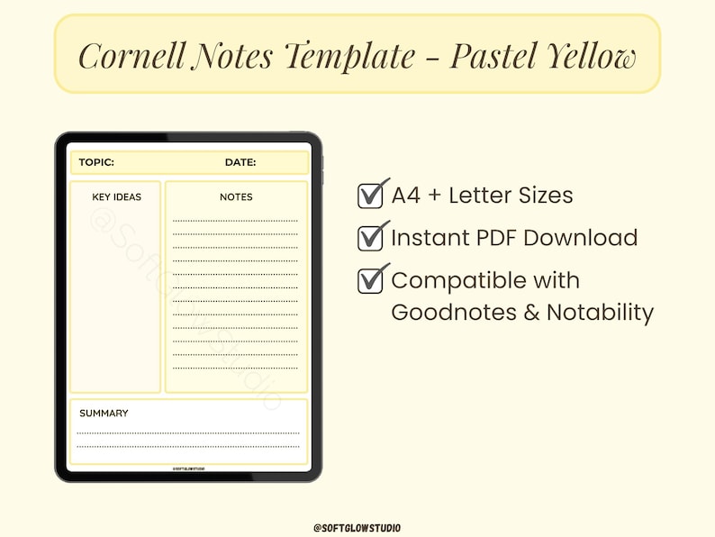 Pastel Yellow Cornell Notes Template: Printable PDF (letter & A4 Sizes ...