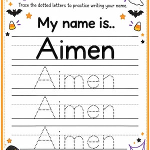 Peut inclure: Une feuille d'exercices de traçage de nom sur le thème d'Halloween avec le texte HALLOWEEN NAME TRACING et Trace the dotted letters to practice writing your name. La page présente le nom Aimen en polices pleines et pointillées, décorée d'illustrations de citrouilles, de fantômes, de chauves-souris et de bonbons.