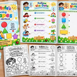 Peut inclure: Cahier d'activités Mustafa's Learning Shapes comprenant 20 pages d'exercices éducatifs. Le livre inclut des versions en couleur et en noir et blanc avec des activités comme tracer des lignes, associer des formes à des objets et compter.