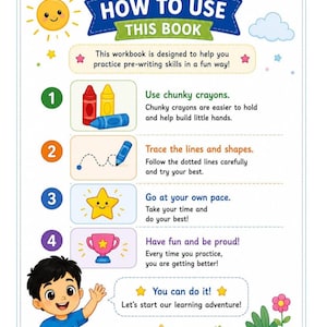 Op de afbeelding: Een instructiepagina getiteld HOW TO USE THIS BOOK met een lachende zon, een cartoonjongen genaamd Mustafa en vier genummerde stappen. De stappen bevatten illustraties van kleurpotloden, stippellijnen, een ster en een trofee met tekstinstructies.