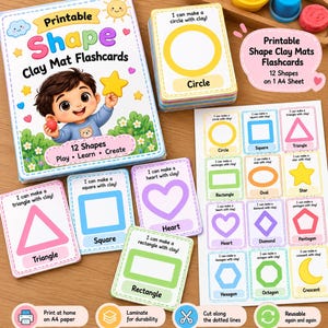 Könnte beinhalten: Ein Set aus druckbaren Knetunterlagen-Lernkarten mit einem Cartoon-Kind, das einen gelben Stern hält. Das Set enthält einen Kartenstapel, einzelne Karten mit Formen wie Kreis, Quadrat, Herz und Rechteck sowie ein A4-Blatt mit 12 verschiedenen Formen.