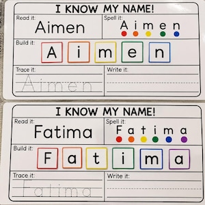 May include: Two rectangular educational activity cards titled I KNOW MY NAME. Each card features sections to read, spell, build with colorful letter tiles, trace, and write the names Aimen and Fatima in black text on a white background.