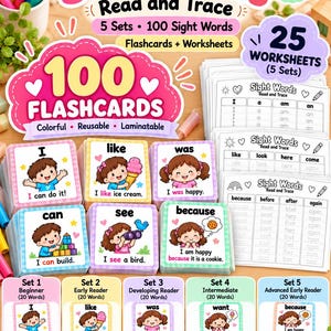 Op de afbeelding: Een 5-in-1 educatieve set voor zichtwoorden met 100 kleurrijke flashcards en 25 werkbladen. De materialen bevatten illustraties van kinderen en tekstvoorbeelden zoals I can do it, I like ice cream en I was happy. De set is gelabeld als MustafaKids Printables.