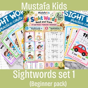 Può includere: Un set combinato 2 in 1 Mustafa Kids Sight Words Read and Trace con flashcard colorate illustrate e fogli di lavoro in bianco e nero. Le schede mostrano parole come I, a, go, see, my e can insieme a personaggi dei cartoni e oggetti.