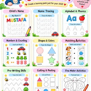 Folhas de atividades personalizadas para pré-escola | Pacote de aprendizagem personalizado com 20 páginas | Livro de exercícios para traçar o nome | Livro de atividades para crianças pequenas | PDF imprimível personalizado
