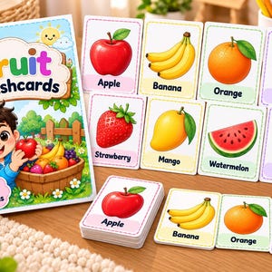 Puede incluir: Un juego de 16 tarjetas educativas de frutas con ilustraciones coloridas de manzana, plátano, naranja, uvas, fresa, mango, sandía y piña. La caja muestra un personaje de dibujos animados sosteniendo una manzana roja junto a una cesta.