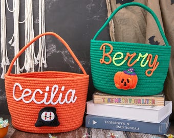 Halloween Treat Bag for Kid,Trick or Treat Basket with Custom Name, Personalized Candy Tote, Halloween Basket for Boys/Girls, Halloween Gift