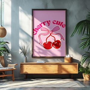 Cherry Cute Printable Wall Art | Pink Kawaii Digital Download | Girly Cherry Bow Aesthetic | Y2K Room Decor | Cute Fruit Art Poster