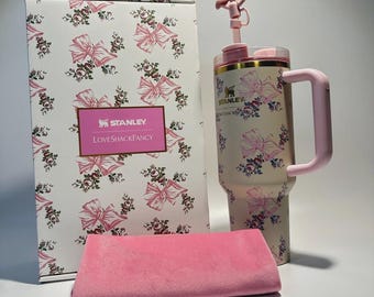 Stanley x LoveShackFancy 40oz Tumbler | Pink Floral Bow Travel Cup with Handle, Straw