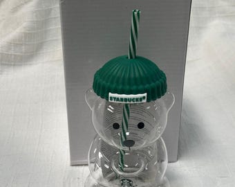Starbucks Bear Tumbler with Straw | Clear Collectible Drink Cup, Green Lid